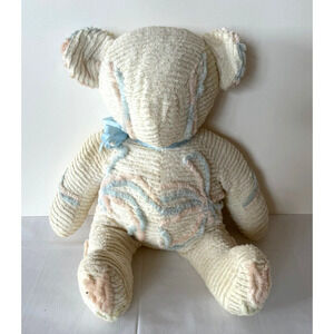 Vintage White Chenille Teddy Bear Plush 20" Granny Core Shabby Blue Bow